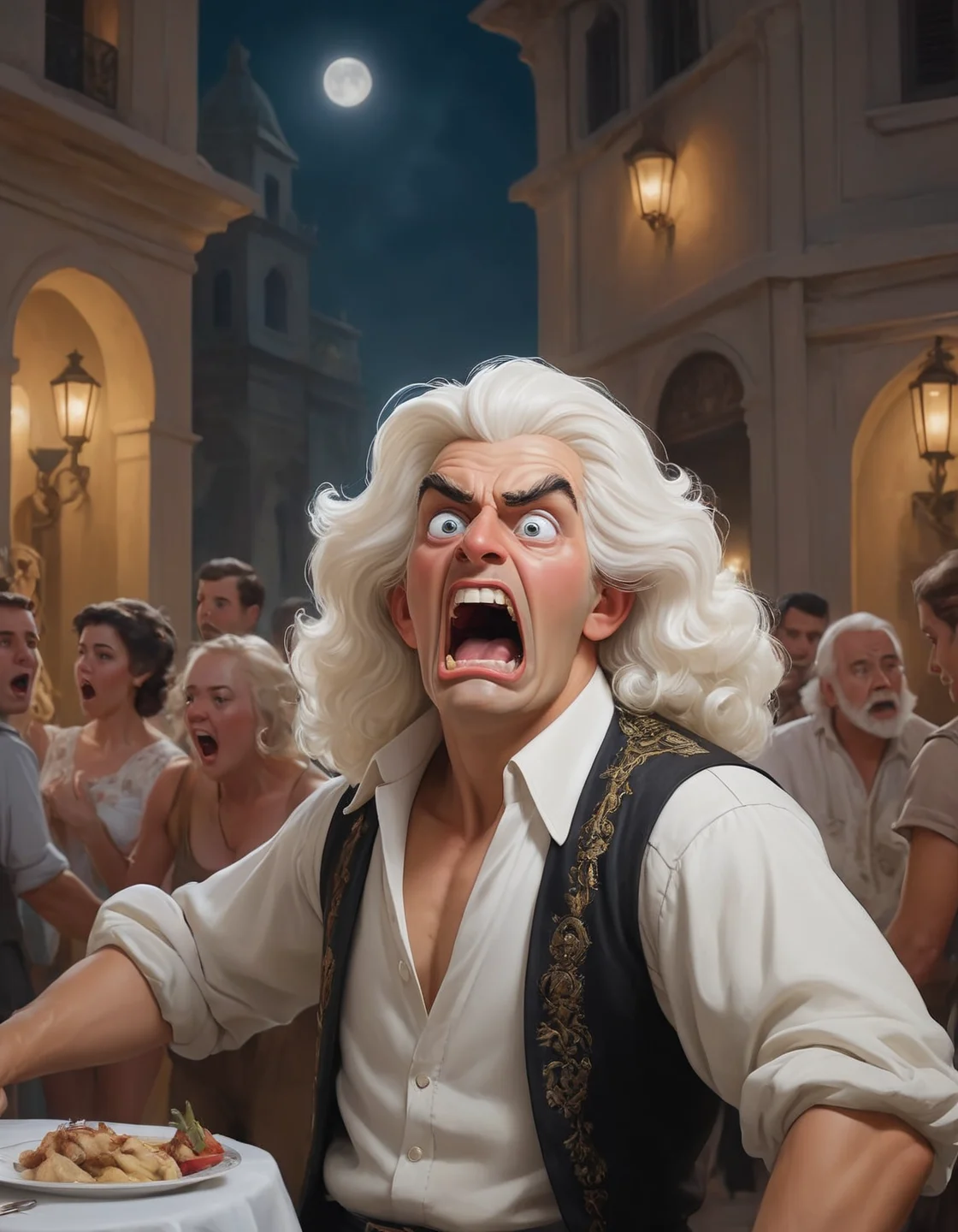 a classical baroque style painting  by Bill Medcalf, a look of terror scared horrified , + / A big boned white haired man on vacation enjoying the local party scene in Basrah at night