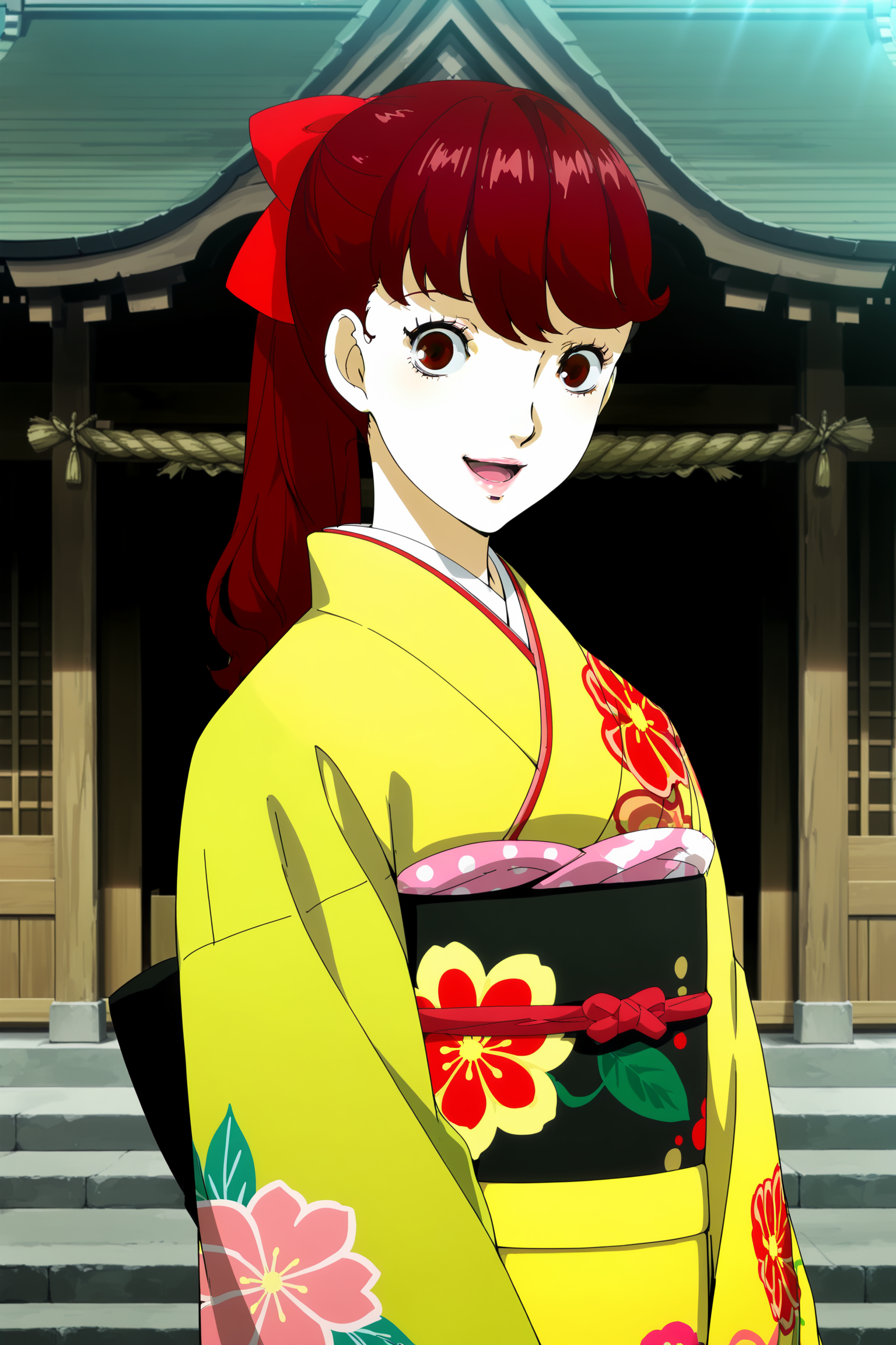 <lora:Persona_5_Royal_and_Strikers_2D_cutscene_art_style_Illustrious_V2:1>
masterpiece, anime screencap, anime coloring, official art, Shigenori Soejima,
at a Japanese shrine,
1girl, solo, yoshizawa kasumi, japanese clothes, red hair, kimono, long hair, red eyes, looking at viewer, hair bow, bow, yellow kimono, floral print, smile, lips, red bow, ponytail, cowboy shot, :D