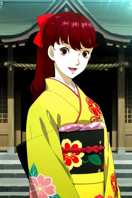 <lora:Persona_5_Royal_and_Strikers_2D_cutscene_art_style_Illustrious_V2:1>
masterpiece, anime screencap, anime coloring, official art, Shigenori Soejima,
at a Japanese shrine,
1girl, solo, yoshizawa kasumi, japanese clothes, red hair, kimono, long hair, red eyes, looking at viewer, hair bow, bow, yellow kimono, floral print, smile, lips, red bow, ponytail, cowboy shot, :D