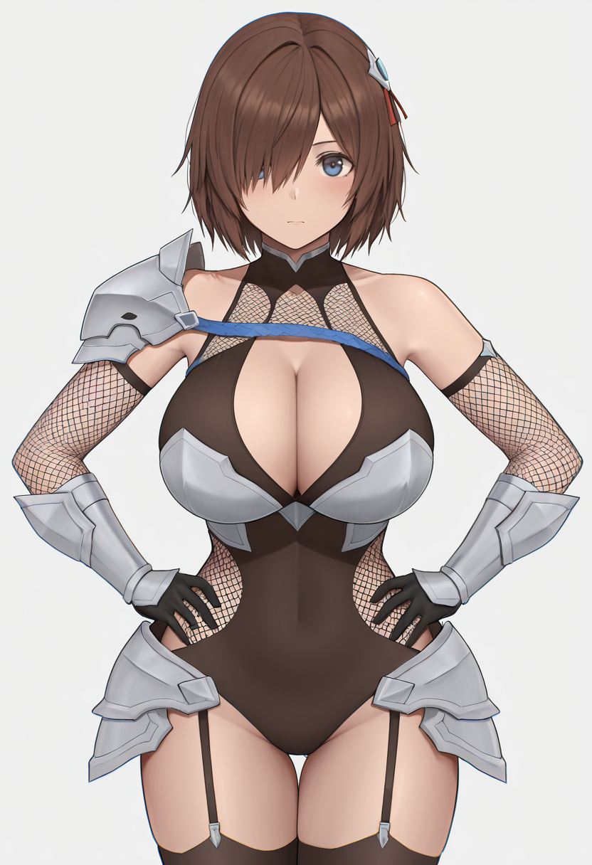 masterpiece, best quality,
1girl, cowboy shot, 
standing, hands on own hips, 
looking at viewer, 
<lora:Momochi_Nagi_SK:0.7> Momochi_Nagi, short hair, brown hair, hair over one eye, hair ornament, blue eyes, thighhighs, black gloves, cleavage, bare shoulders, detached sleeves, armor, leotard, halterneck, garter straps, thigh gap, shoulder armor, fishnets,
simple background, white background,