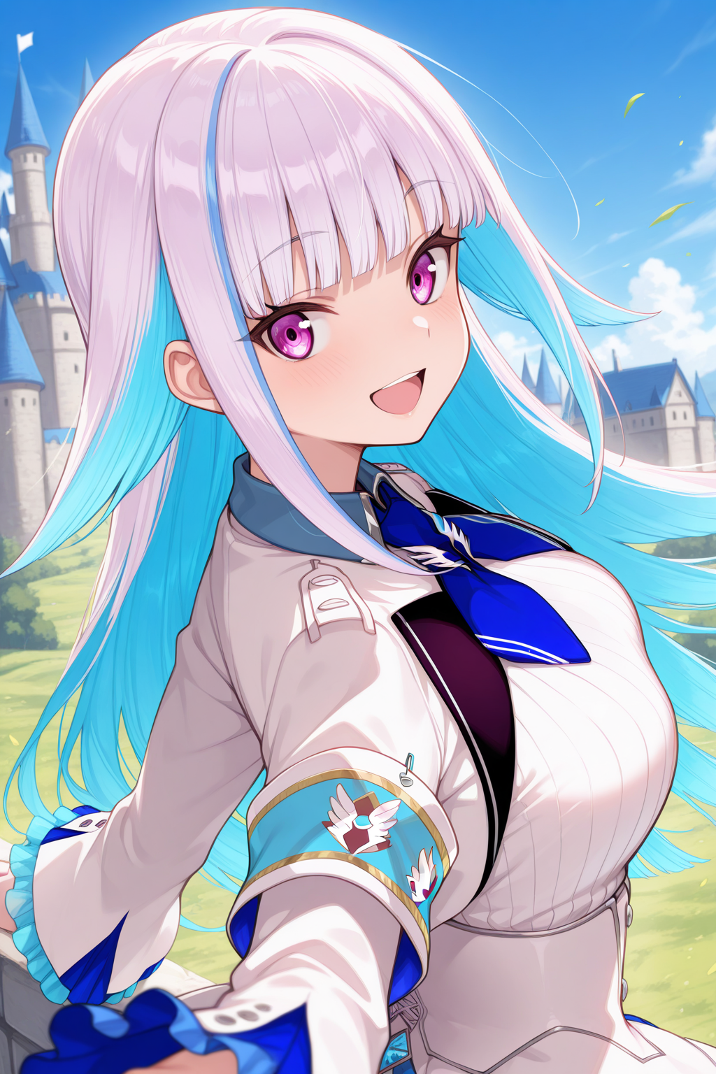 1girl, LizeHelestaNijisanji, 
general, solo, from back, upper body,
purple eyes, looking back, 
\:D,
long hair, white jacket, double-breasted,
spread arms, frilled sleeves, 
blue necktie,
collared shirt, large breasts,
blue sky, fantasy, castle, wind,
<lora:kp_LizeHelestaNijisanji1stCostumeIllustrious_v1_0:1.0>,
masterpiece, best quality, amazing quality