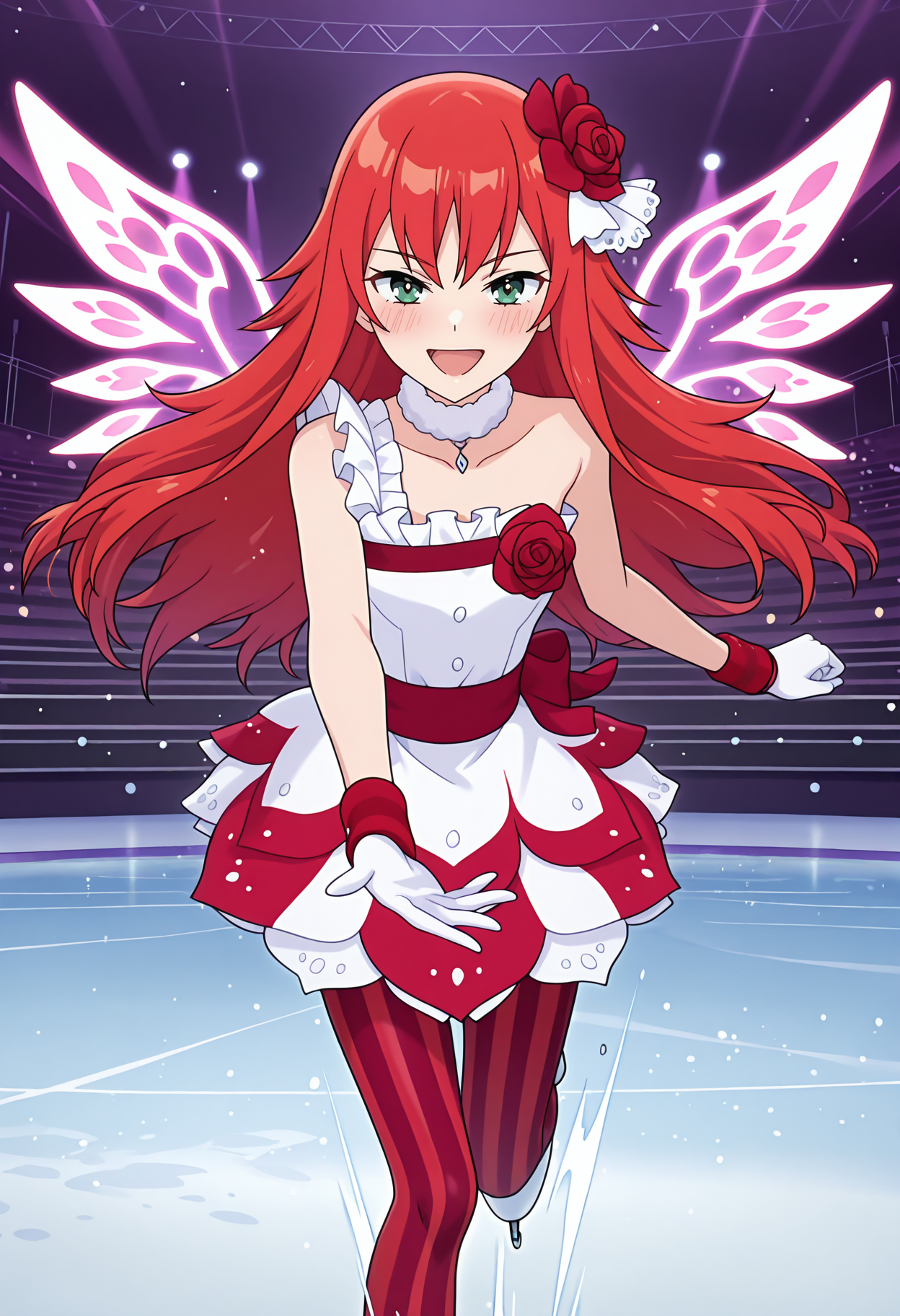 highres, best quality, masterpiece,
1girl, solo,
blush,
<lora:_beru_renjouji-elesico-ilxlB:1>  figure skating, skating rink, rnlvberu, long hair, red hair, green eyes, anime screencap,pbersdpc, red rose, hair flower, two-tone dress, fur-trimmed choker, white choker, necklace, white dress, red dress, red rose, single strap, frilled straps, bare shoulders, white gloves, red wristband, red pantyhose, striped pantyhose, vertical-striped pantyhose, holographic wings,motion lines, smile, open mouth, looking at viewer, jumping, stage,