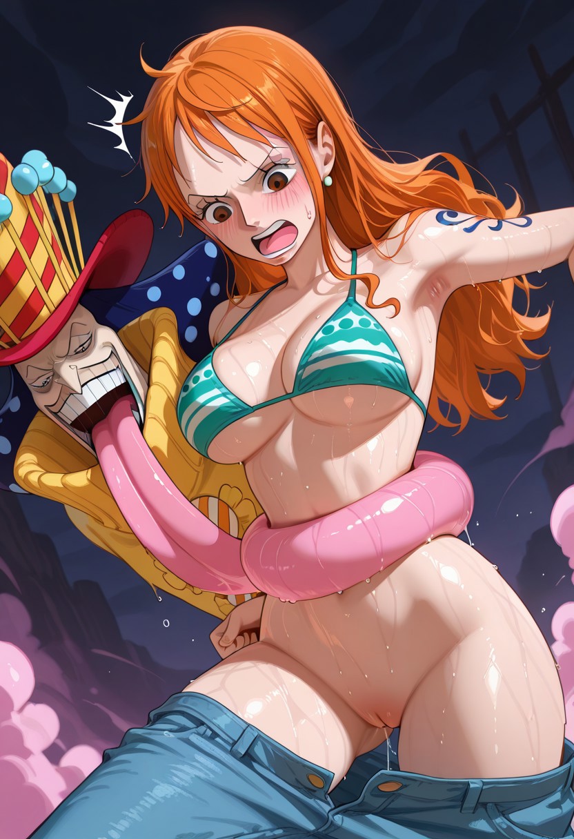 1boy, Charlotte perospero, ChPsP, girl cowboy shot, Monster on her side, 1girl, monster's mouth is open, monster's tongue, pink tongue's wrap around her body, monster's tongue's wrap under armpit, giant monster's tongue, monster's tongue_under_clothes, monster's tongue around her body, under clothes, under_clothes, monster, blue ugly monster background, girl foreground, , pussy, pussy juice, dripping pussy, nsfw, 1girl, nami(one piece), (girl clothes:(bikini top only, denim pants down, pantsing girl, pants down, jewelry), girl running stance, girl running position, (girl expression:(surprised, blushing, girl looking down, girl starring down), score_9, score_8_up, score_7_up, sweat girl, highly detailed, high contrast, sweaty skin,