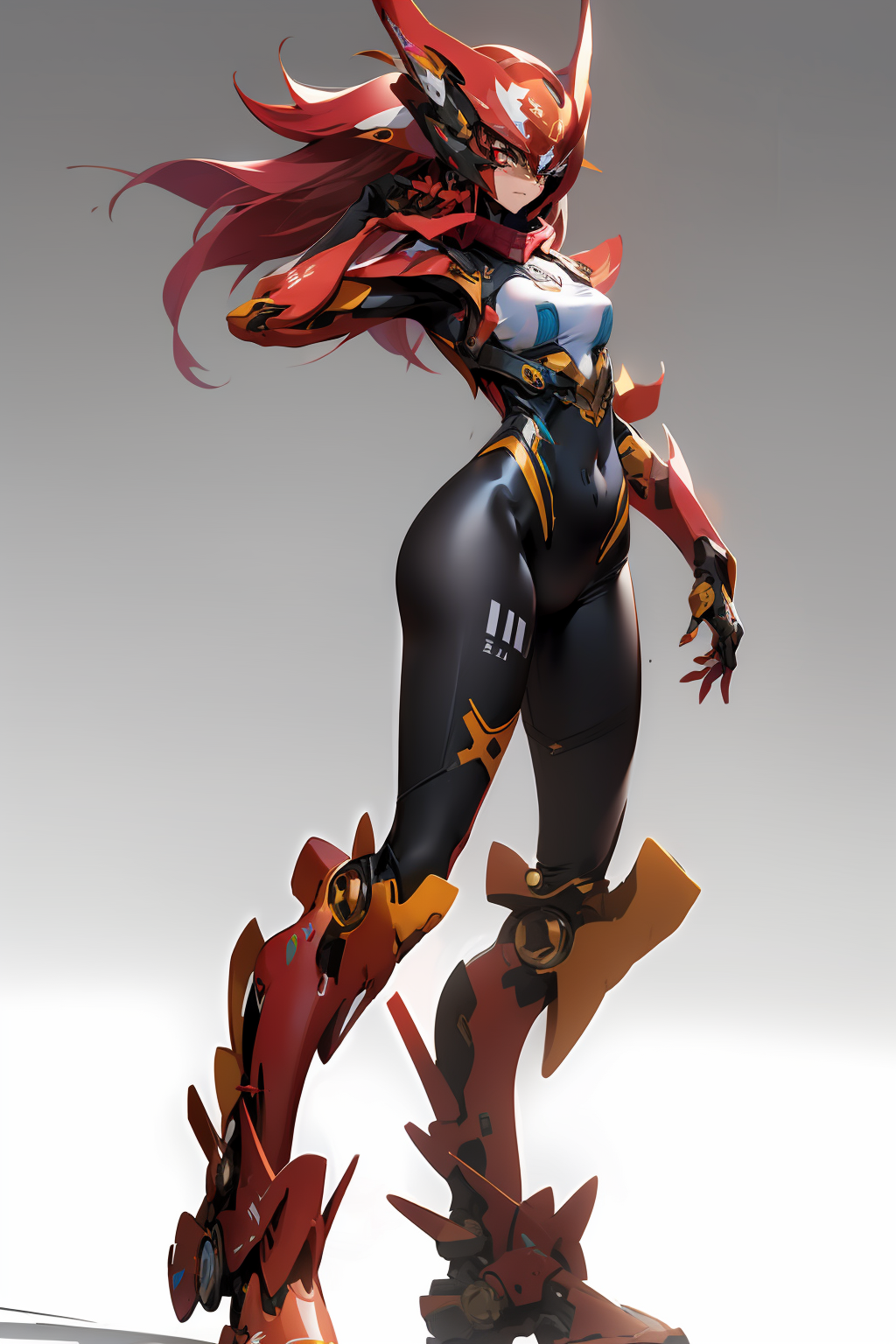 masterpiece, best quality, 1girl, bodysuit, full body ,<lora:GD0902:1>, 
1girl,full_body,obi,leg_lift,scowl,mole on breast,solid oval eyes,
red and black, red and black bodysuit, full body , mechanical arms, medium breasts, science fiction, solo, simple background <lora:nijiMecha:1>