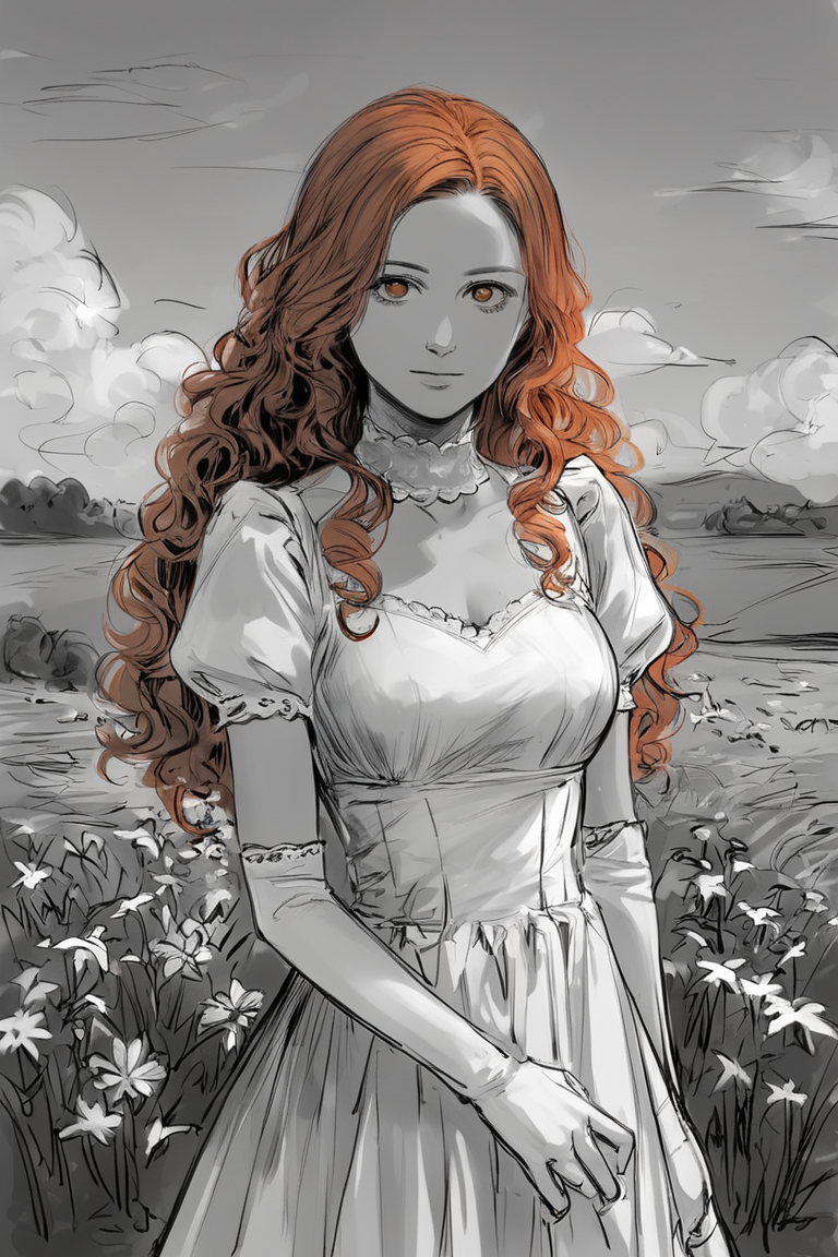 score_9, score_8_up, score_7_up, rating_safe, sketch, monochrome, greyscale, 1girl, solo, long hair, curly hair, wavy hair, orange hair, orange eyes, looking at viewer, breasts, dress, white dress, puffy sleeves, puffy short sleeves, short sleeves, gloves, elbow gloves, white gloves, cowboy shot, closed mouth, standing, outdoors, field, flower, grass, plant, sky <lora:Sketch Illustration Style [LoRA] - Pony V6 XL:0.7>