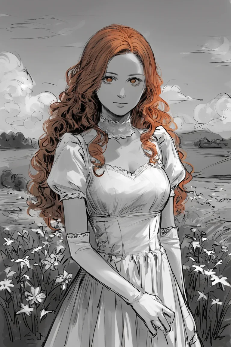 score_9, score_8_up, score_7_up, rating_safe, sketch, monochrome, greyscale, 1girl, solo, long hair, curly hair, wavy hair, orange hair, orange eyes, looking at viewer, breasts, dress, white dress, puffy sleeves, puffy short sleeves, short sleeves, gloves, elbow gloves, white gloves, cowboy shot, closed mouth, standing, outdoors, field, flower, grass, plant, sky <lora:Sketch Illustration Style [LoRA] - Pony V6 XL:0.7>