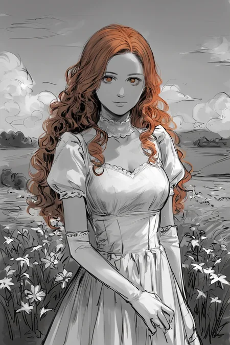 score_9, score_8_up, score_7_up, rating_safe, sketch, monochrome, greyscale, 1girl, solo, long hair, curly hair, wavy hair, orange hair, orange eyes, looking at viewer, breasts, dress, white dress, puffy sleeves, puffy short sleeves, short sleeves, gloves, elbow gloves, white gloves, cowboy shot, closed mouth, standing, outdoors, field, flower, grass, plant, sky <lora:Sketch Illustration Style [LoRA] - Pony V6 XL:0.7>