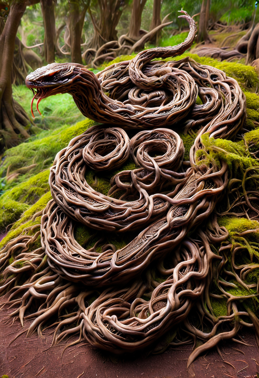 morph-treeroots,(medium full shot) of (awe-inspiring snake) with muscular body, amber eyes, bronze brown armored scales, venomous fangs, coiling tail, gemstone-studded scales frills, <lora:tree roots_0_100_V1-000008:1>