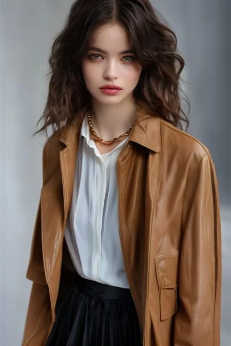 masterpiece,best quality,ultra_detailed, bellissima , dark background, 1girl wearing a white collared shirt, collared shirt, brown skirt, brown jacket, chain necklace, Armani style, realistic, fashion, cowboy shot,by Ellen von Unwerth
