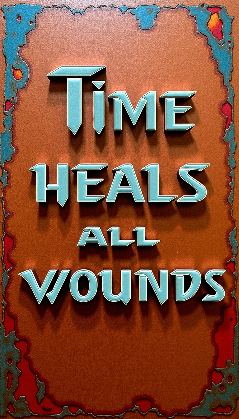 <lora:SC2Font:1>A (Mahogany colored:1.4) SC2StyleFont text that says "Time heals all wounds" in spray foam insulation style letters over a colorful abstract background