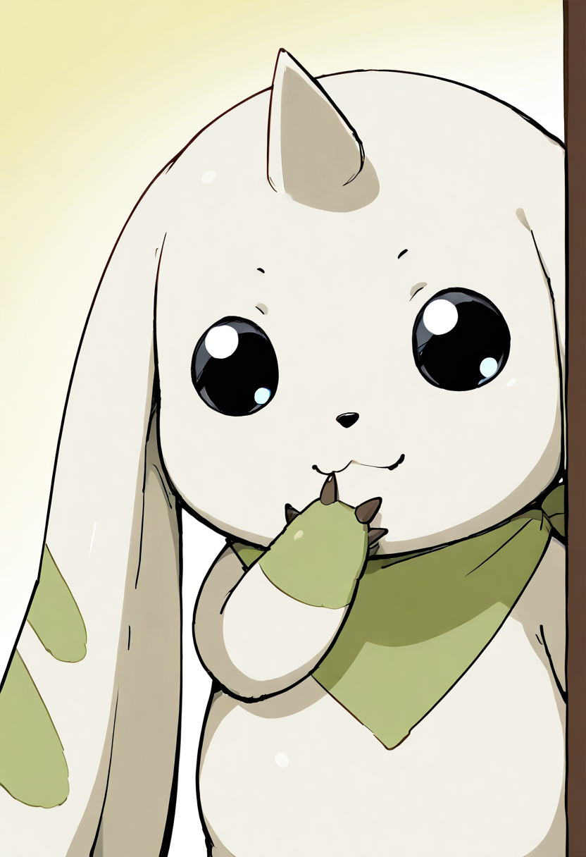 masterpiece, best quality, no humans,   ,<lora:TerriermonDigimon_IXL:1.0>,    zzTerriermon, looking at viewer, smile, simple background, closed mouth, upper body, black eyes, :3, claws, furry, hand to own mouth, white fur, peeking out