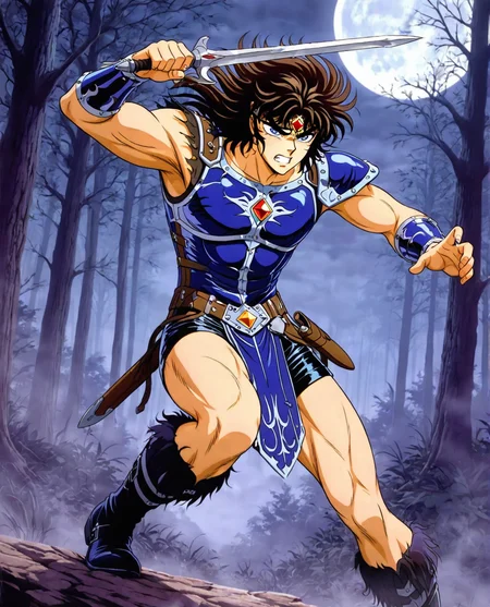 masterpiece, best quality, absurdres, zodikki, SIMOIL, kurumada eyes, kurumada hair, 1boy, male focus, muscular, toned male, blue eyes, blue armor, (leather headband, red jewel), blue breastplate, black leather shorts, blue stylized loincloth, one pauldron, blue pauldron, blue vambraces, medium hair, brown hair, boots, leather tassets, dark forest, fog, moon, holding thin dagger, weapon clenched teeth