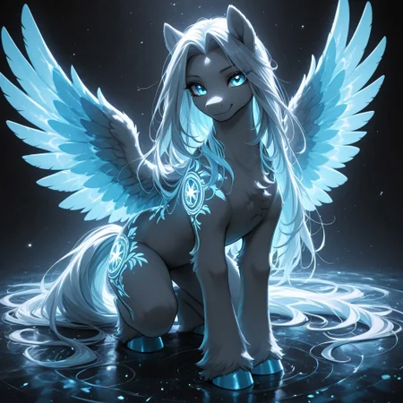 score_9_up, score_8_up, solo, pony, mlp, Ellenai, Sephiroth (pony:1.4), ( wings made of Light:1.4), ( fur made of light:1.4), (long hair made of light:1.5), glowing blue eyes, full body,
She is in a dimension of colors and light, she herself is depicted as an infinitely powerful goddess of light in all her splendor, she uses her power and radiates divinity,
smile, She looks at the viewer, <lora:Light_path:1>, <lora:GraphiteSketch_v3_Buns:0.55> gr4ph1t3v3, sketch,, masterpiece, best quality, amazing quality