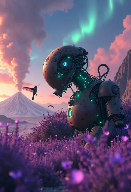 A tiny, iridescent hummingbird, sipping nectar from a bioluminescent orchid, hovers before a colossal, rusting robot, half-buried in a field of vibrant purple lavender. The robot's exposed wiring sparks with emerald green electricity, illuminating swirling, rainbow-colored nebulae painted across the twilight sky. The foreground is littered with giant, glistening amethyst crystals, while a distant, snow-capped volcano spews plumes of orange and yellow smoke