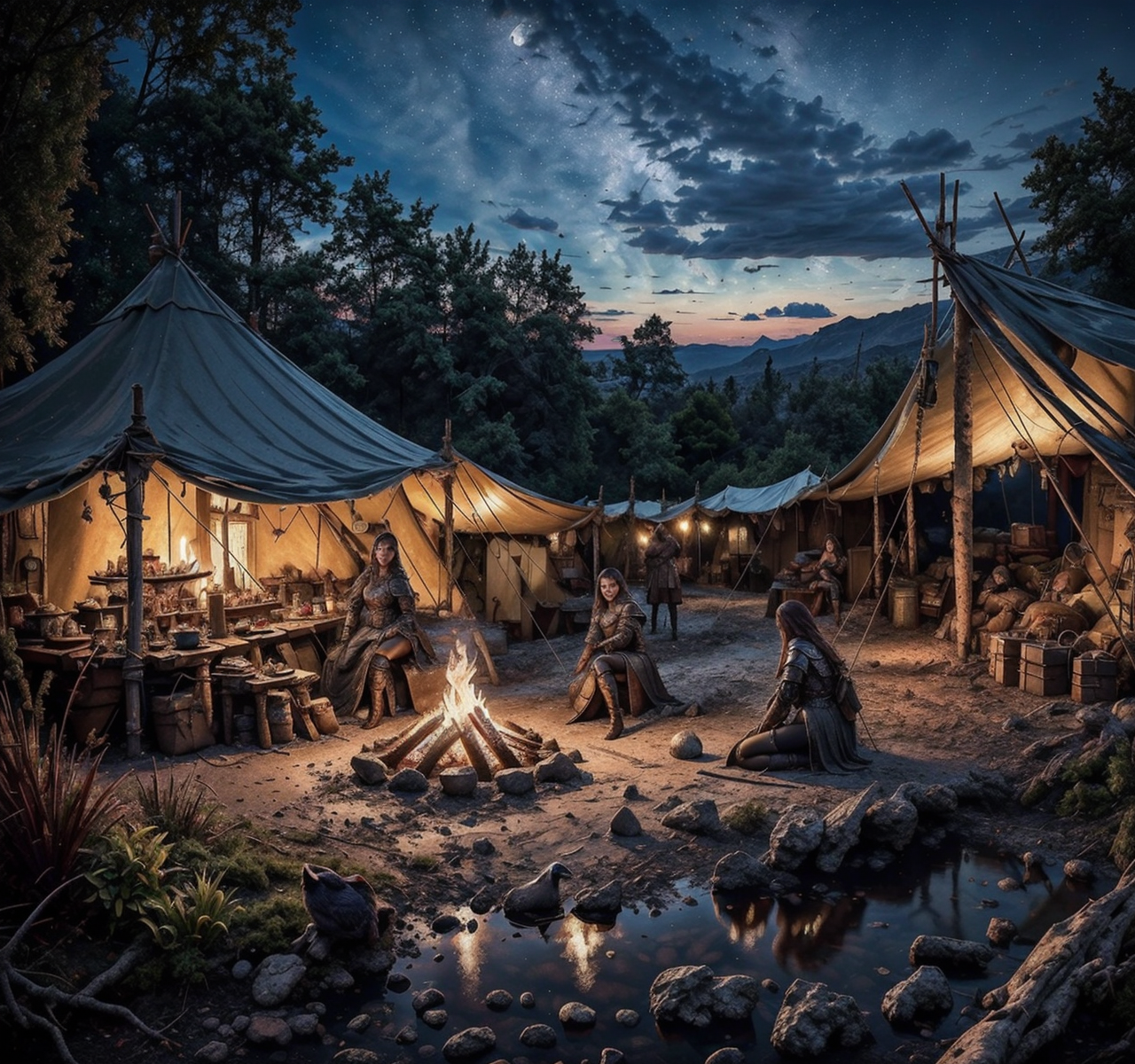 RAW photo, (masterpiece:1.3), subsurface scattering, heavy shadow, (high quality:1.4), (intricate, high detail:1.2), professional photography, HDR, High Dynamic Range, realistic, ultra realistic, photorealistic, high resolution, film photography, ambient lighting, atmospheric effects, <lora:detail_slider_v4:2>, OverallDetail,  <lora:Campsite:1>, 2girls, armor, bag, beard, bird, campsite, fire, grass, log, moon, multiple others, nature, no humans, outdoors, signature, sitting, sky, starry sky, tent, thighhighs, water
