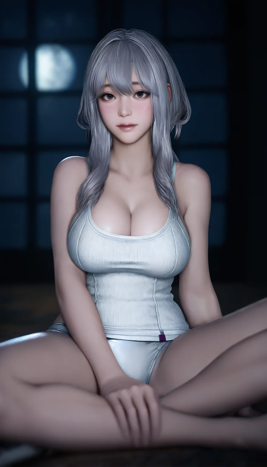 masterpiece,best quality,amazing quality,
<lora:scarletNAI:1>,sc213t,realistic,
silver hair,long hair,bangs,sidelocks,brown eyes,
white camisole,white sports panties,
sitting,on floor,wooden floor,
indoors,
window,
night,moon,
moon light,
depth of field,