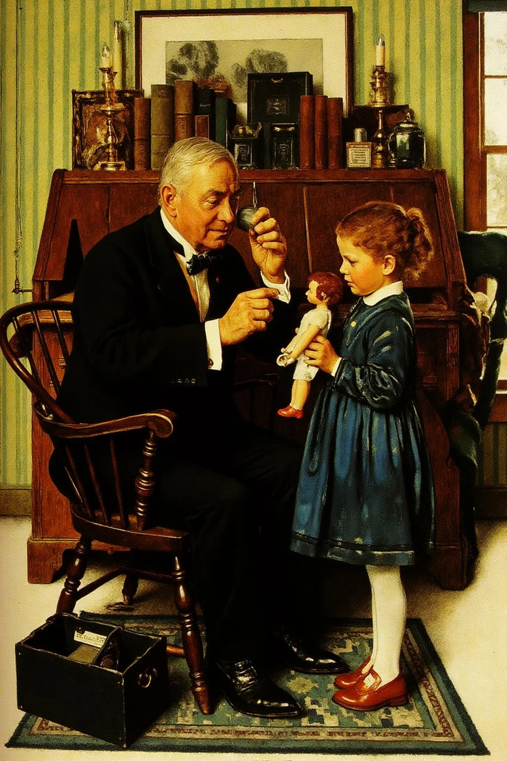 normanrockwell1 painting.
A scene in a doctor's office in the 1940s.
On the left is an elderly doctor, dressed in a black suit, white shirt, and bow tie, sits in a wooden chair, examining a doll held by a young girl. The room is cozy and cluttered with a wooden desk adorned with various items.
<lora:normanrockwell1_cap_d6a3e12:1.0><lora:841443102125295387:0>