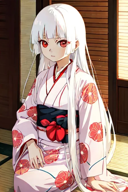 enma_ai bath yukata, white hair, long hair, indoors, cowboy shot, kimono