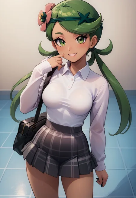 score_9, score_8_up, score_8, medium breasts, (curvy), cute, eyelashes,
BREAK,
zzMallow, green hair, green eyes, hair flower, hair ornament,
BREAK,
alternate costume, smile, nail polish, looking at viewer, hand up, collared shirt, blush, sweater, black skirt, black nails, eyelashes, long sleeves, sleeves past wrists, plaid skirt, shoulder bag, black bag, blurry, tile floor, pleated skirt, white shirt ,<
zPDXL,