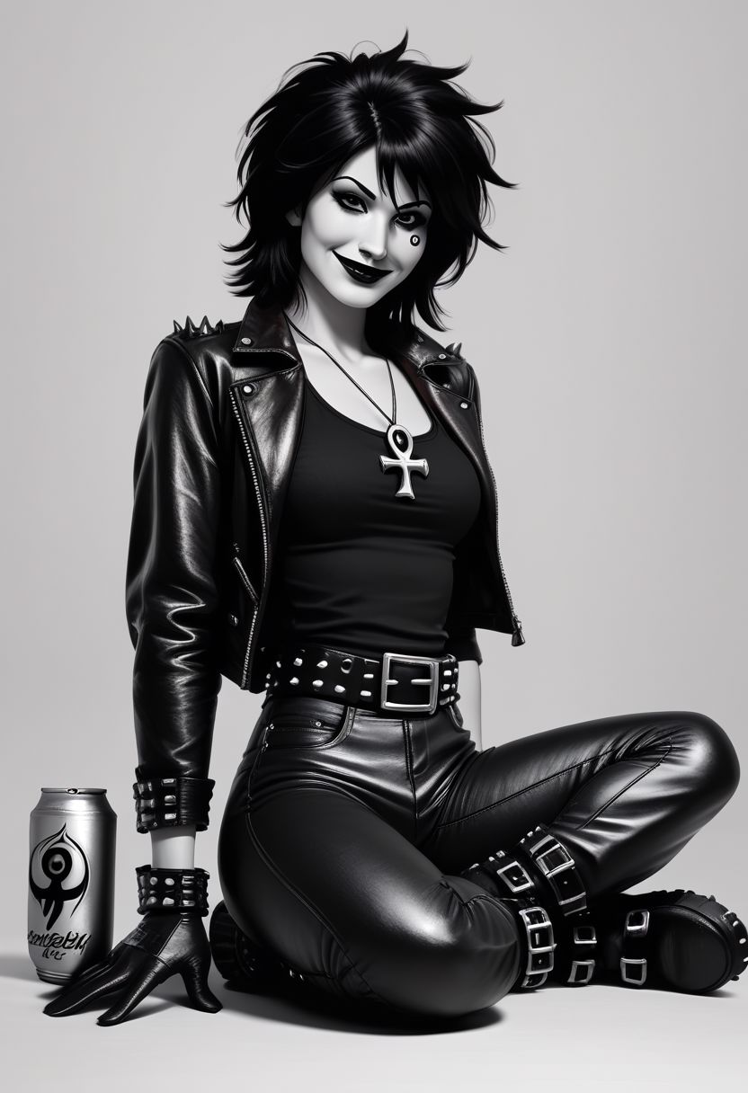 dsk_death, 1girl,  solo, jewelry, gloves, , boots, sitting, makeup, short hair, smile, lipstick, black hair, gothic, jewelry, necklace, ankh necklace, nail polish, can, leather jacket, black tank top, tattoo, gloves, pants,  arm behind back, lipstick, belt, spiked hair, black boots, detailed eyes, detailed face, greyscale, monochrome, BREAK zPDXL2 PonyXLV6_Scores