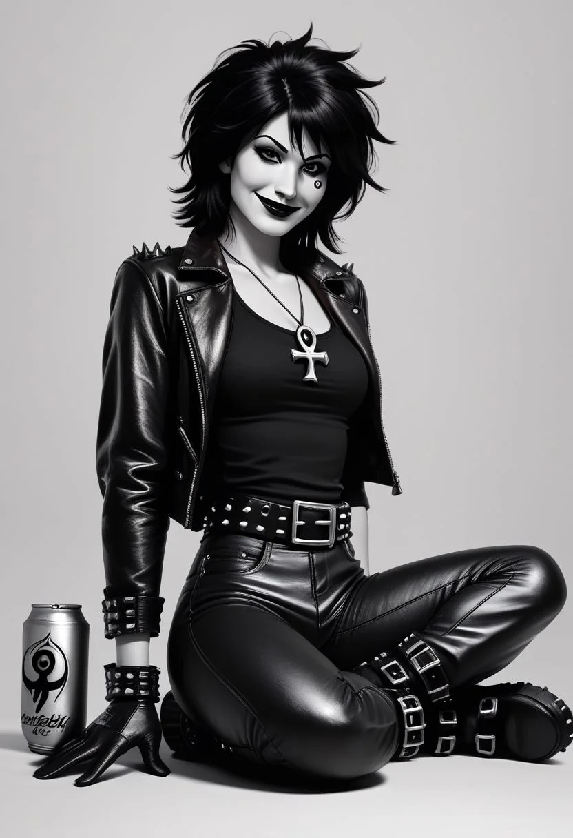 dsk_death, 1girl, solo, jewelry, gloves, , boots, sitting, makeup, short hair, smile, lipstick, black hair, gothic, jewelry, necklace, ankh necklace, nail polish, can, leather jacket, black tank top, tattoo, gloves, pants, arm behind back, lipstick, belt, spiked hair, black boots, detailed eyes, detailed face, greyscale, monochrome, BREAK zPDXL2 PonyXLV6_Scores