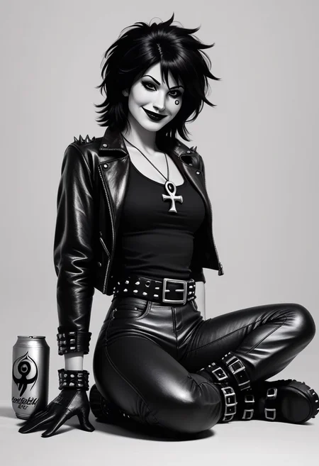 dsk_death, 1girl, solo, jewelry, gloves, , boots, sitting, makeup, short hair, smile, lipstick, black hair, gothic, jewelry, necklace, ankh necklace, nail polish, can, leather jacket, black tank top, tattoo, gloves, pants, arm behind back, lipstick, belt, spiked hair, black boots, detailed eyes, detailed face, greyscale, monochrome, BREAK zPDXL2 PonyXLV6_Scores