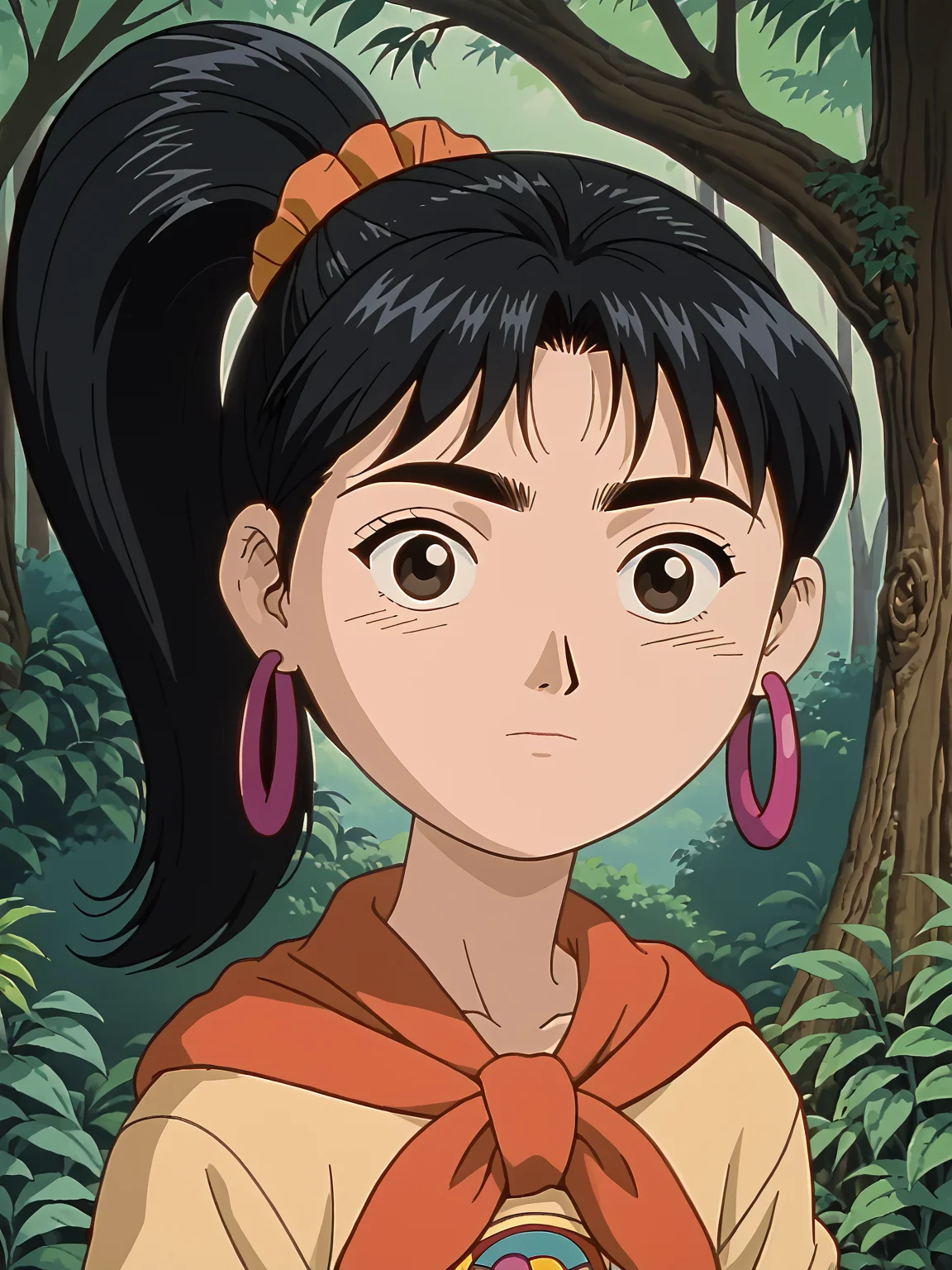 1girl, solo, <lora:Ellie (Sprite Fright):0.9> elliesf, black hair, ponytail, earrings
score_7_up, source_anime, looking at viewer
1990's ///(Style///), vintage anime, <lora:90s_Retro_anime_style_Pony:1>
woods