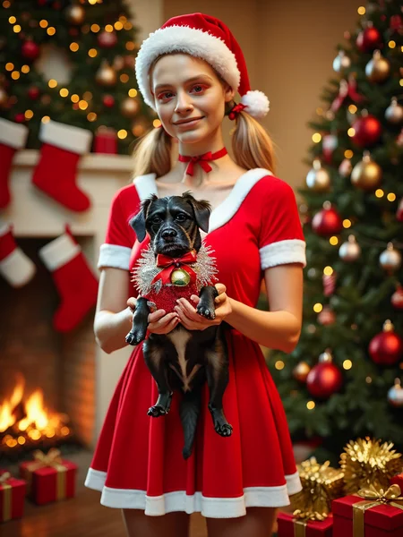 Animal Christmas, 1girl, Santa dress, blurry, blurry background, choker, collarbone, colored eyelashes, dress,Christmas background, hair ribbon, holding, holding dogin Christmas jumper, pleated dress, ribbon, short sleeves, solo, twintails, cocker spaniel in tinsel
<lora:Animal_Christmas:1>