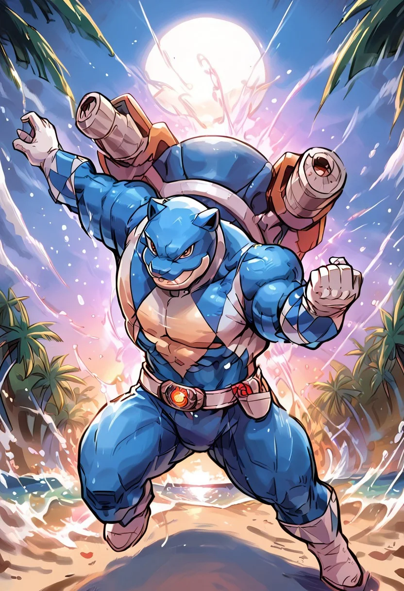 score_9, score_8_up, score_7_up, score_6_up, source_furry, solo, 1guy, male focus, full-length portrait, pokemon (creature), (mega muscles, hyper muscles, muscular), (anthro blastoise: 1.2), cannons, (blue bodysuit: 1.1), (blue power ranger: 1.1), (white gloves: 1.3), belt, white boots, ((summoning water from hand), (open hand), (hand reaching forward)), (extreme perspective), (foreshortening), (attack stance), (dynamic pose), BREAK, beach, ocean, water, (tsunami), palm trees, dof