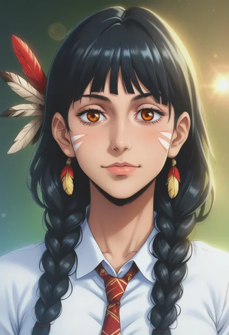 score_9, score_8_up, score_7_up, source_anime, intricate details, anime screencap, perfect balance, official art, extremely detailed CG unity 8k wallpaper, perfect lighting, Colorful, Warm_Front_face_Lighting, (masterpiece:1.0),(best_quality:1.0), ultra high res,4K,ultra-detailed, photography, 8K, HDR, highres, absurdres:1.2, Kodak portra 400, blurry background, bokeh, lens flare, (Anime) (vibrant_color:1.2), professional photograph, night, (cute_face:1.2), 2d, anime, upper body, intricate iris, American, Professional character design, 1girl, female focus, (Orange eyes), perfect eyes, (black-hair), Native American, Indigenous, American Indian, youthful, solo, jujutsu_kaisen_style, character portrait, (perfect-lighting), face, young, (Dark-black-hair), Long hair, (Native American), Indigenous, American Indian, (((wild eyes))), (Native North American), (Upturned eyes), (high cheekbones), (strong jawline), (Black Hair), ((((Native-American-Eagle-feather-braids, Native American Eagle feather accessories)))), (((wild eyes))) ((Bobbed Bangs)) (((Slanted-Eyes))) (Psycho) (Happy) (Friendly) (Goofy) (White Dress Shirt), (Warpaint), (Redwood Forest, Pacific Northwest Forests), (Inuit), (Tan skin), (Dark Skin), (Brown skin), (bobbed hair), White Eagle-Feather-Earrings, Thick Bangs, Bobbed hair, Bob-cut, White-Feather-Earrings, Brown-skin, Inuit Face-paint, Full-Bangs, Wide-Bangs, Thick-Hair, Native Face-paint, White dress shirt, Inuit Jacket, Necktie