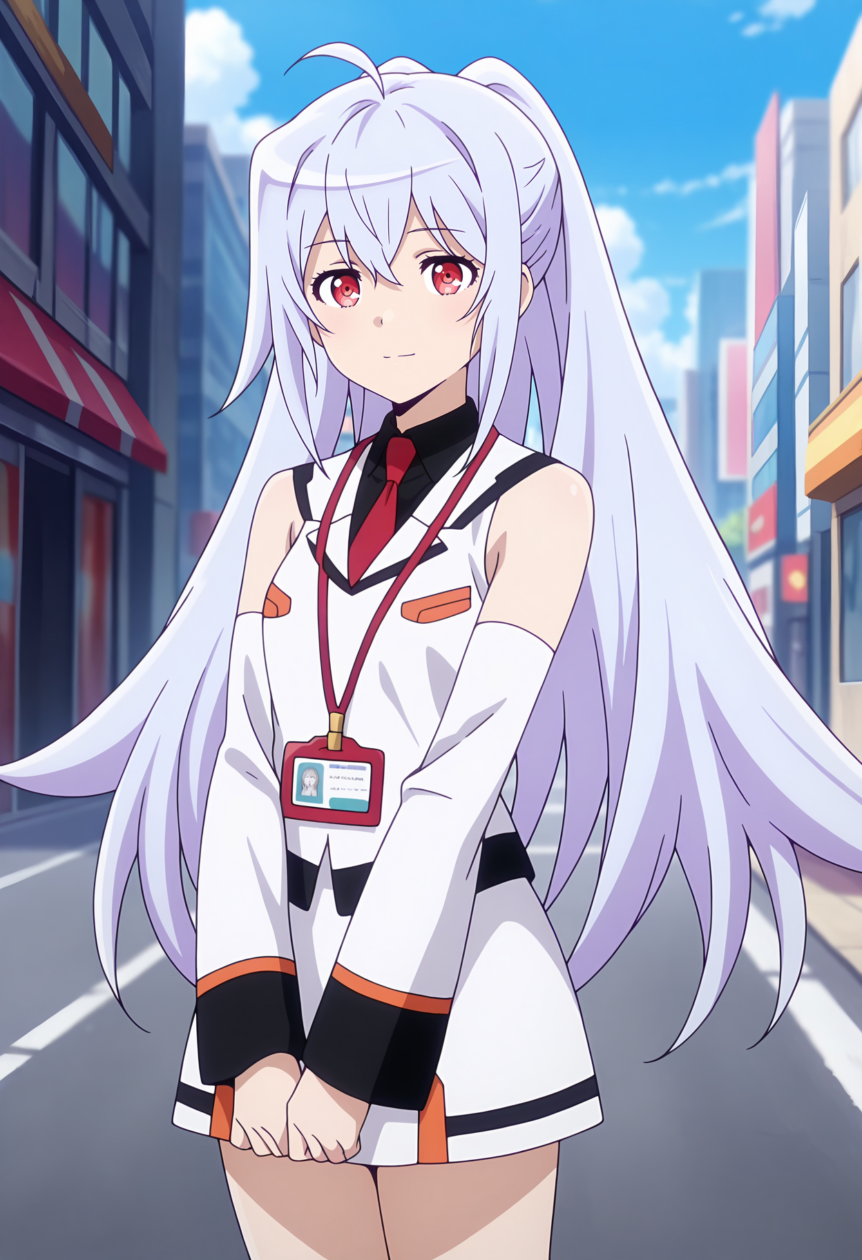 anime screencap, masterpiece, best quality,
<lora:PlasticMemories_Isla_IlluXL:0.9>,
1girl, solo, closed mouth, light smile,
wide ponytail, ahoge, long hair, grey hair, red eyes,
collared shirt, black shirt, red necktie, id card, white dress, detached sleeves, white skirt, 
v arms, standing, looking at viewer, cowboy shot,
city, science fiction, blue sky, street, road, blurry background