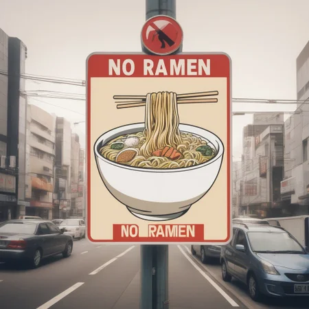 A traffic sign for 'no ramen', with an image of a bowl of ramen on it, anti-ramen propaganda