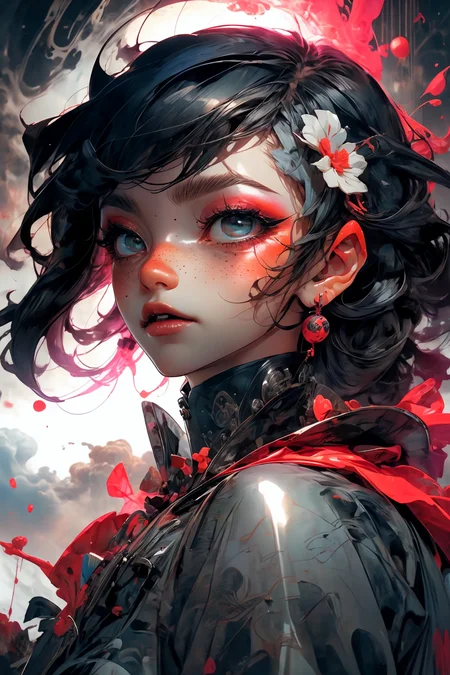 close-up shot, woman, gothic make-up, detailed skin, light freckles, shallow depth of field, OverallDetail
<lora:more_details:0.4>
 <lora:Cosmic anime-oil fusion v2:0.45> 
<lora:AnimeVibesV3:0.3> animevibes, 
<lora:3DMM_V11:0.5> 3DMM 
<lora:midjourney_20230624181825:0.7> midjourney ,
 <lora:LAS:0.5> cloud,colorful,
<lora:msw_locon-t2:0.6>
 <lora:wuxia2:0.6> gu,
 <lora:CyberpunkStyleV1:0.2> PunkAI ,
<lora:CatgirlMaidV1.0-000003:0.35> CatgirlMaid, shiny, shiny hair, shiny skin, shiny clothes