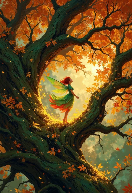 Masterpiece, best quality, ultra-detailed, 8K. A close-up view of a fairy-like otherworldly girl, with a shock of red hair that stands straight up, a pale green flowing ethereal dress that fades to red tones at the bottom flutters in the wind. She flies curiously around on fairy wings, translucent and shimmering with iridescent hues, through intricate, ancient branches, glowing with fiery amber and golden leaves. The leaves seem to pulse with magic, their edges shimmering as if dusted with molten light. Countless glowing motes of golden energy drift through the air, swirling like enchanted fireflies. The branches twist elegantly, their bark etched with faint, luminous runes that pulse softly. A warm, golden light filters through the dense foliage, casting sparkling reflections and ethereal shadows. The entire scene glows with an almost dreamlike radiance, filled with a sense of wonder and enchantment. Highly detailed, soft magical glows, fantasy dreamscape, cinematic lighting, rich autumnal hues, 8k resolution. DB4RZ, DB4RZ style painting, Anime art