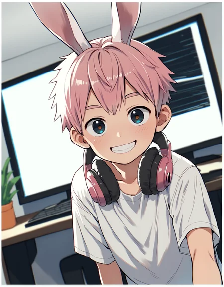 score_9, score_8_up, score_7_up, score_6_up, source_anime, indoors, computer, white border, dutch angle, 1boy, solo, young, pink hair, hair over ears, rabbit ears, rabbit boy, smile, cute, t-shirt, looking at viewer, headphones around neck <lora:a6_AMXL_v1g-ShoAI:0.7> <lora:modokie-amxl-v1-ShoAI:0.4>