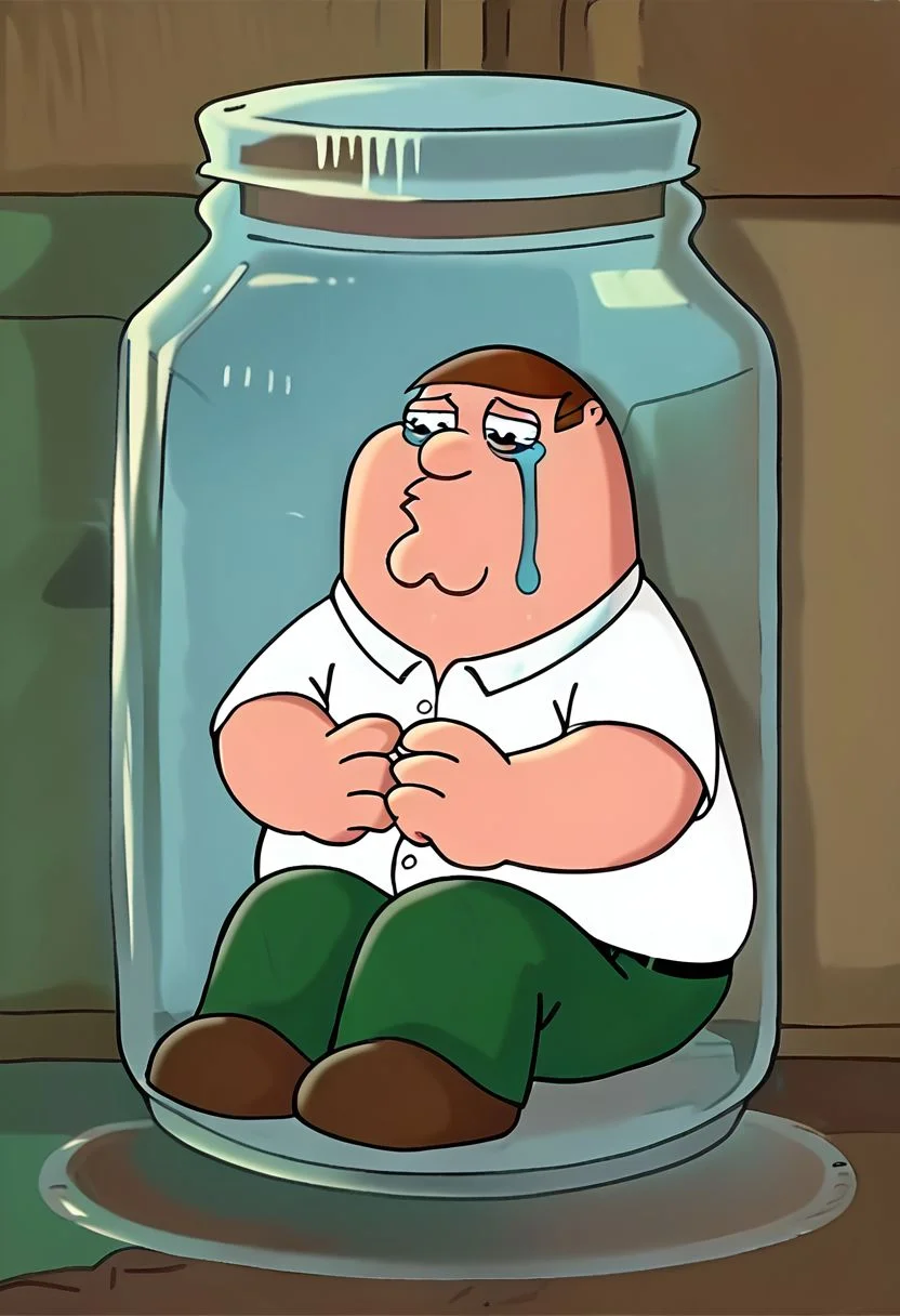 Score_9_up, score_8_up, score_7_up, 1male, solo, peter griffin, fat man, brown hair, white shirt, green pants, sitting, in a jar, crying, sad,