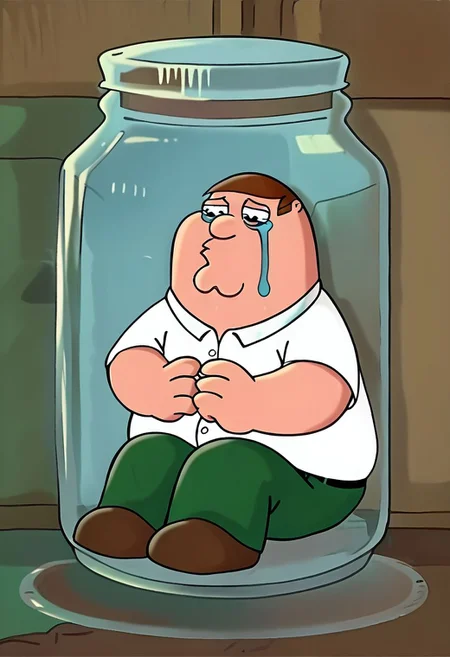 Score_9_up, score_8_up, score_7_up, 1male, solo, peter griffin, fat man, brown hair, white shirt, green pants, sitting, in a jar, crying, sad,