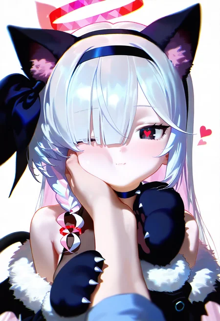 masterpiece, best quality, good quality,
plana \\(blue archive\), 1girl, medium breasts, black dress, long hair, simple background, long sleeves, white background, gloves, animal ears, closed mouth, bare shoulders, tail, upper body, white hair, pink hair, multicolored hair, heart, hairband, wings, one eye closed, black gloves, alternate costume, choker, solo focus, cat ears, hair over one eye, black eyes, halo, symbol-shaped pupils, fur trim, fake animal ears, black choker, heart-shaped pupils, black hairband, 1other, colored inner hair, animal hands, pov hands, hand on another's face, paw gloves, red halo, hand on another's cheek, red pupils
<lora:dj_sloppa_noob_v2_vpred:1>