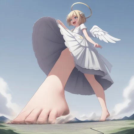 score_9, score_8_up, score_7_up, score_6_up, score_5_up, macro, giantess,( 1girl:1.5), solo focus, ecute, blue eyes, flower, hair ornament, blonde hair, white dress, smug, (lace dress, lace:1.5), blonde, (low angle, from below:1.4), giantess, macro, blonde hair, landscape, barefoot, smiling, happy, sunny blue sky background, tiny cities, tiny landscape, landscape dwarfing, soles, dirty feet, feet, w1ngs, angel wings, angel, halo, angel halo, flat landscape