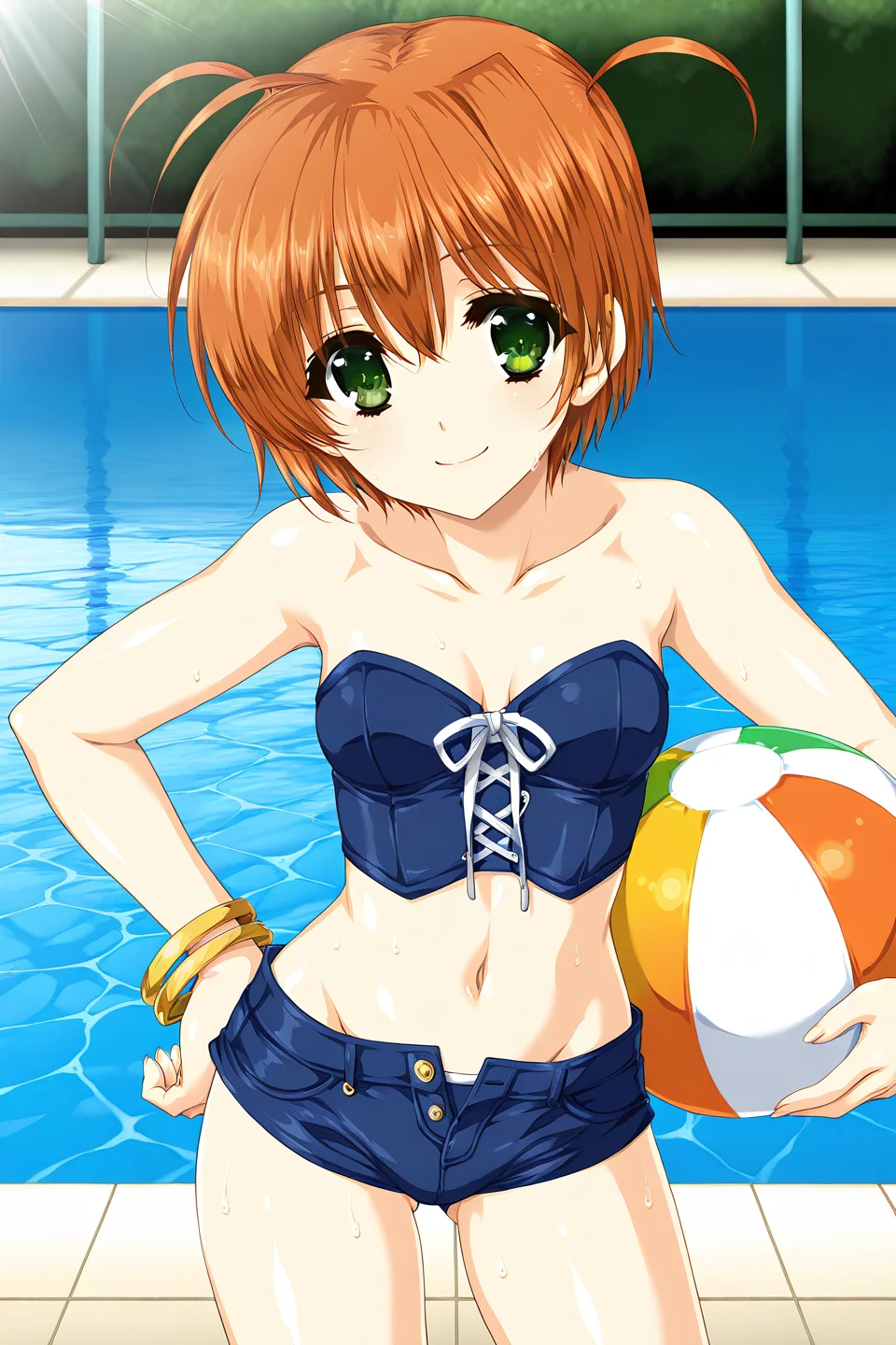 masterpiece, best quality, absurdres, official art, official style, general BREAK<lora:hanabishikanon_IL_v1-1:0.7>, cbe-kanon, 1girl, solo, green eyes, orange hair, short hair, small breasts, swimsuit, blue bustier, cross-laced clothes, front-tie top, strapless, collarbone, cleavage, bare shoulders, bangle, midriff, navel, blue shorts, micro shorts, groin, open shorts, open fly, unbuttoned, ass visible through thighs, hand on hip, smile, sweat, blush, cowboy shot, looking at viewer, standing, contrapposto, outdoors, poolside, pool, water, sunlight, holding beachball, slime \(creature\)