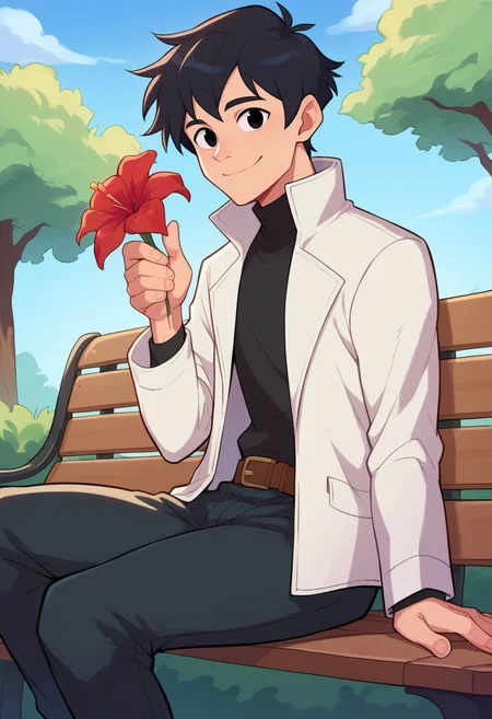 score_9, score_8_up, score_7_up,score_6_up BREAK ict style,1boy,solo,black hair,short hair, black eyes,white jacket,black pants,sitting,looking at viewer,blue sky,smile, turtleneck,long sleeves,bench, tree,holding flower,red flower,happy, from side,(from below:0.8),brown belt, hand up, open jacket,popped collar, closed mouth <lora:BootyFarmPony:1>