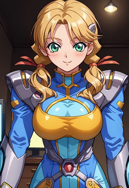 score_9, score_8_up, score_7_up, score_6_up, source_anime, anime screencap, 1girl, solo, oldrin, blonde hair, low twintails, green eyes, srwbluepilotsuit, blue bodysuit, pauldrons, wrist guards, metal belt, grey armor, helmet removed, no headwear, large breasts, looking at viewer, light blush, smile, cowboy shot, night, indoors, modern, dark walls, monitor,