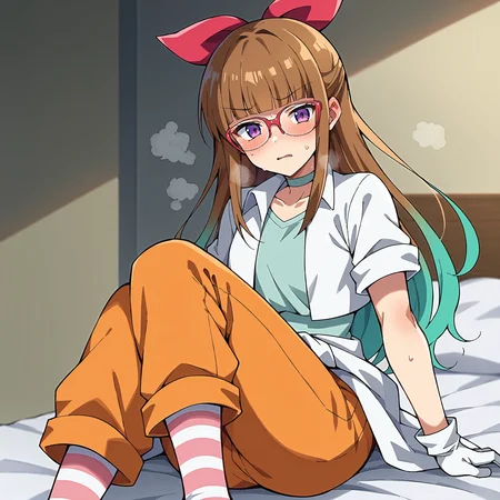 score_9, score_8_up, score_7_up, score_6_up, score_5_up, score_4_up, BREAK source_anime,on bed,sitting. (blush,steam,sweat:1.3), <lora:Oudou_Yuamu_V1:1>Oudou_Yuamu, brown hair, blunt bangs, long hair,Gradient hair from brown to green,purple eyes, red glasses, red bow, hair bow,gray shirt , white jacket, cropped jacket,short sleeves, rolled sleeves, white choker, V-neck, Orange pants, rolled-up hem, pink and white striped socks,jacket wrapped around the waist, orange jacket wrapped around the waist, white gloves