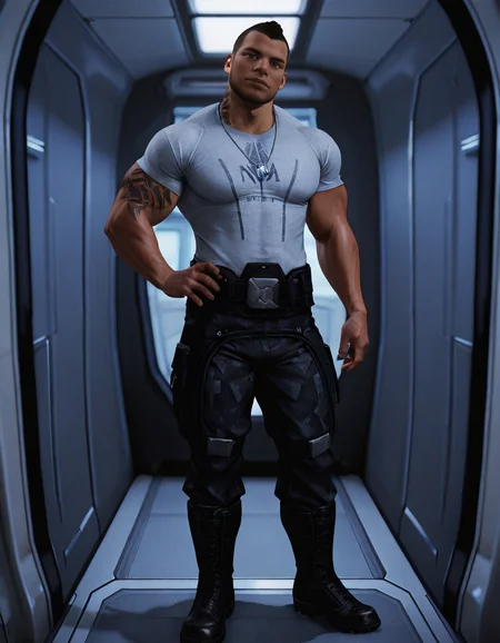 masterpiece, best quality, newest, perfect quality, best quality, detailed background, male focus, solo, realistic, <lora:Mass Effect - James Vega - Illustrious_1:0.7>, jvega, 1boy, brown hair, very short hair, dark skin, brown eyes, stubble, muscular, bara, dog tags, , looking at viewer, spacecraft interior, grey uniform shirt, t-shirt, uniform belt, uniform pants, uniform boots, hand on own hip, head tilt, tattoo, full body, contrapposto