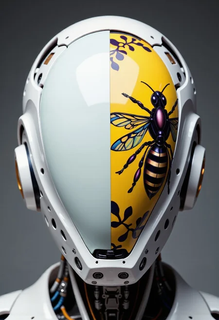 Extreme intricate cinematic head closeup, ajpasbot, faceless Yakuza android, inspired by traditional irezumi tattoo art, reimagined as sleek mechanical attachments. The androidâs head is a perfectly smooth, expressionless porcelain surface, sculpted with an elegant, flowing yin/yang curvature, divided across the dome with dramatic asymmetryâno facial features at all, just ornamental storytelling in pure form.
The entire surface is transformed into a watercolor-style depiction of a bee, with soft, flowing strokes of yellows, blacks, and golds blending into each other like the delicate touch of a brush. The colors evoke the soft shimmer of honey and the natural gradient of a beeâs wings, with subtle hints of lavender and soft greens that complement the golden hues. The headâs left side is adorned with vibrant, airy bee wings that stretch upward, symbolizing freedom and the sweet balance of nature, while the opposite side features the beeâs body in intricate detailâdelicate segments and natural patterns flowing downward into delicate petals, symbolizing the fragile balance of life.
The patterns on the surface retain their hyper-intricate irezumi style but now echo the fine lines of the beeâs body and wings, each segment of its form rendered with hyper-realistic precision.