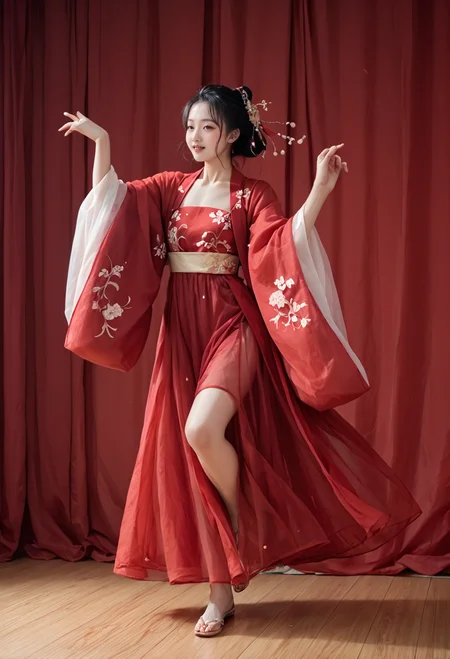 full body,,ruanyi0750,hanfu,wide sleeves,red dress,see-through,dancing,<lora:0750 Large sleeve shirt Hanfu_v1_pony:0.8>, score_9,score_8_up,score_7_up,,8k,1girl,solo,