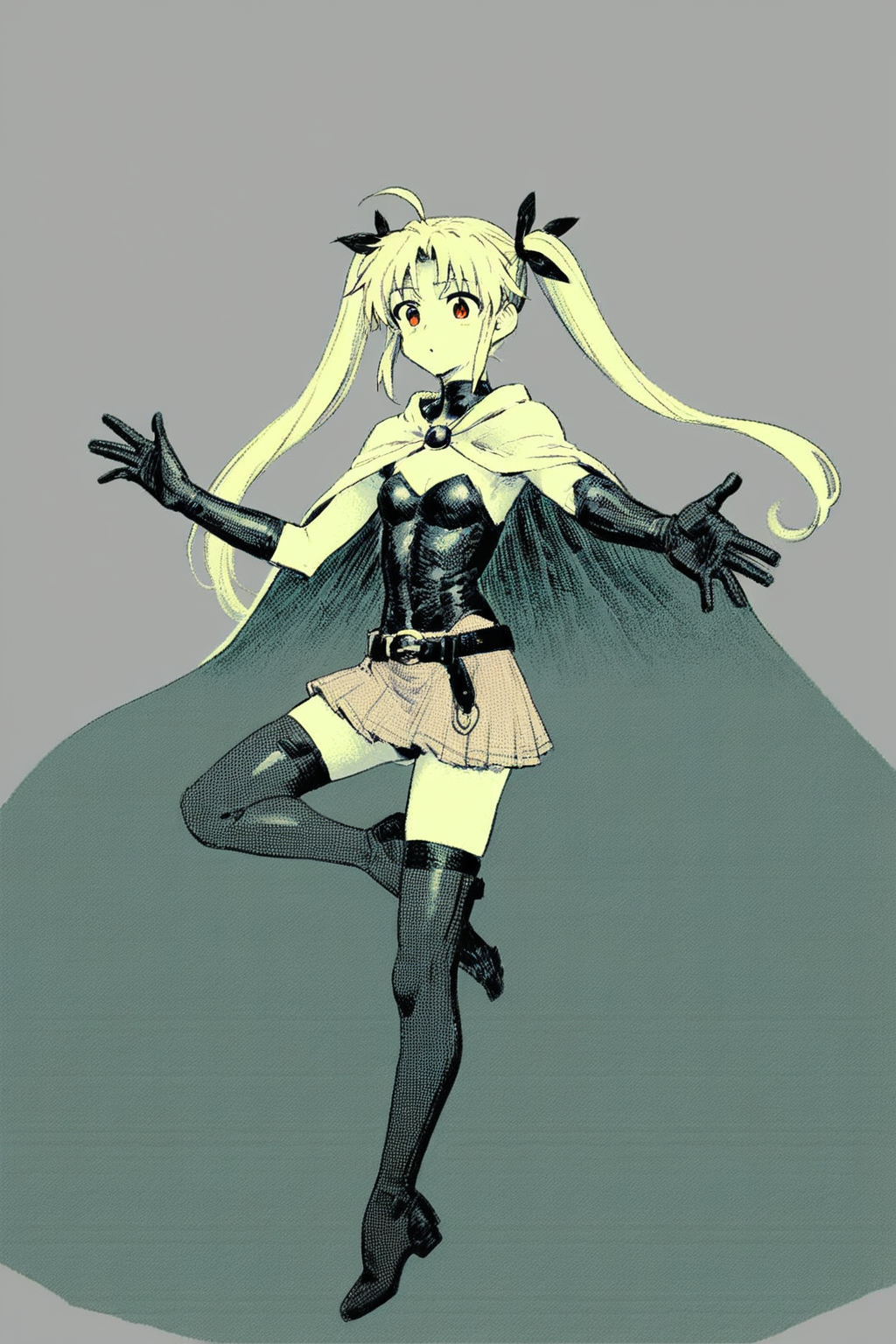 score_9, score_8_up, score_7_up, lyrical nanoha, fate testarossa, armored gloves, armored shoes, asymmetrical gloves, belt, black gloves, blonde hair, cape, gloves, leotard, leotard peek, pink skirt, red eyes, showgirl skirt, skirt, thighhighs, twintails, two-sided cape, two-sided fabric, white cape, solo, solo focus, portrait, , white background, Sitting with one leg raised and arms reaching forward, (green theme:1.5), (monochrome:1.5), <lora:godiva_green:1>