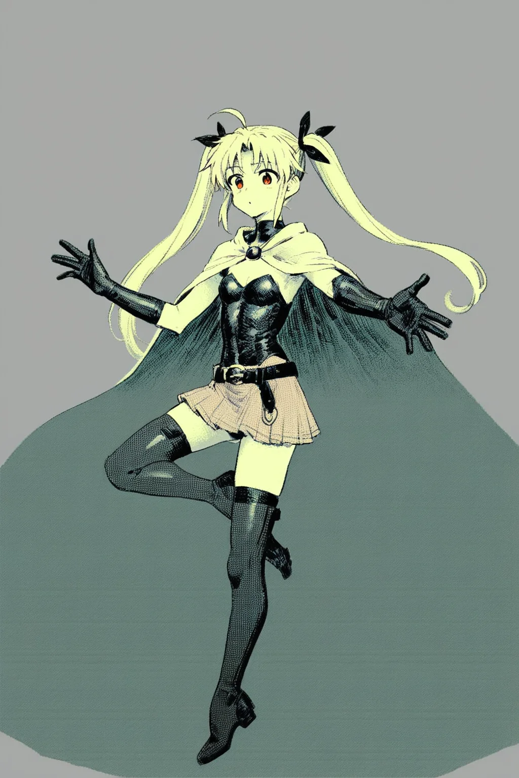 score_9, score_8_up, score_7_up, lyrical nanoha, fate testarossa, armored gloves, armored shoes, asymmetrical gloves, belt, black gloves, blonde hair, cape, gloves, leotard, leotard peek, pink skirt, red eyes, showgirl skirt, skirt, thighhighs, twintails, two-sided cape, two-sided fabric, white cape, solo, solo focus, portrait, , white background, Sitting with one leg raised and arms reaching forward, (green theme:1.5), (monochrome:1.5), <lora:godiva_green:1>
