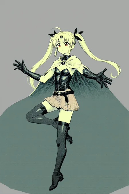 score_9, score_8_up, score_7_up, lyrical nanoha, fate testarossa, armored gloves, armored shoes, asymmetrical gloves, belt, black gloves, blonde hair, cape, gloves, leotard, leotard peek, pink skirt, red eyes, showgirl skirt, skirt, thighhighs, twintails, two-sided cape, two-sided fabric, white cape, solo, solo focus, portrait, , white background, Sitting with one leg raised and arms reaching forward, (green theme:1.5), (monochrome:1.5), <lora:godiva_green:1>
