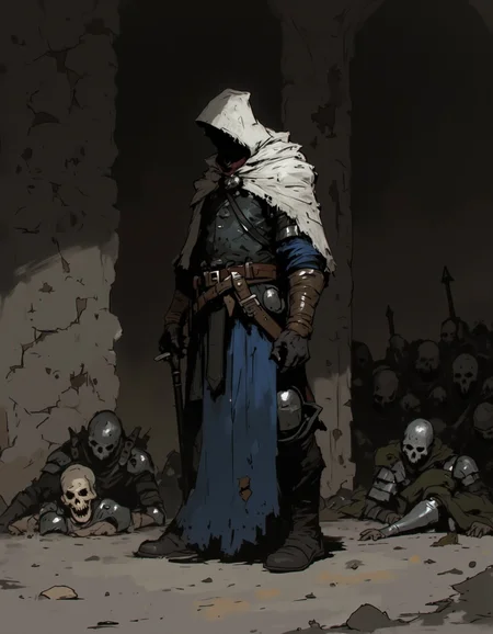 Ev Ganin style. This is a digital painting in a dark, gritty, medieval fantasy style. The scene depicts a lone warrior standing in a dimly lit, ruined courtyard or dungeon, with the background featuring crumbling stone walls and debris. The warrior, a hooded figure with a face obscured by shadow, is clad in a mix of medieval and futuristic armor. They wear a white hooded cloak that drapes over their head and shoulders, a dark tunic, and a flowing blue skirt or tunic. <lora:Ev_Ganin:1.0>